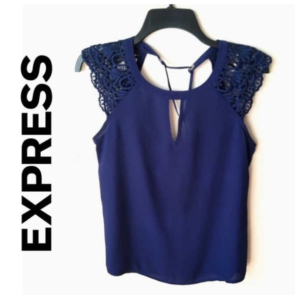 Express Tops - Express Keyhole Crochet Lace Sleeve Tie Neck Top